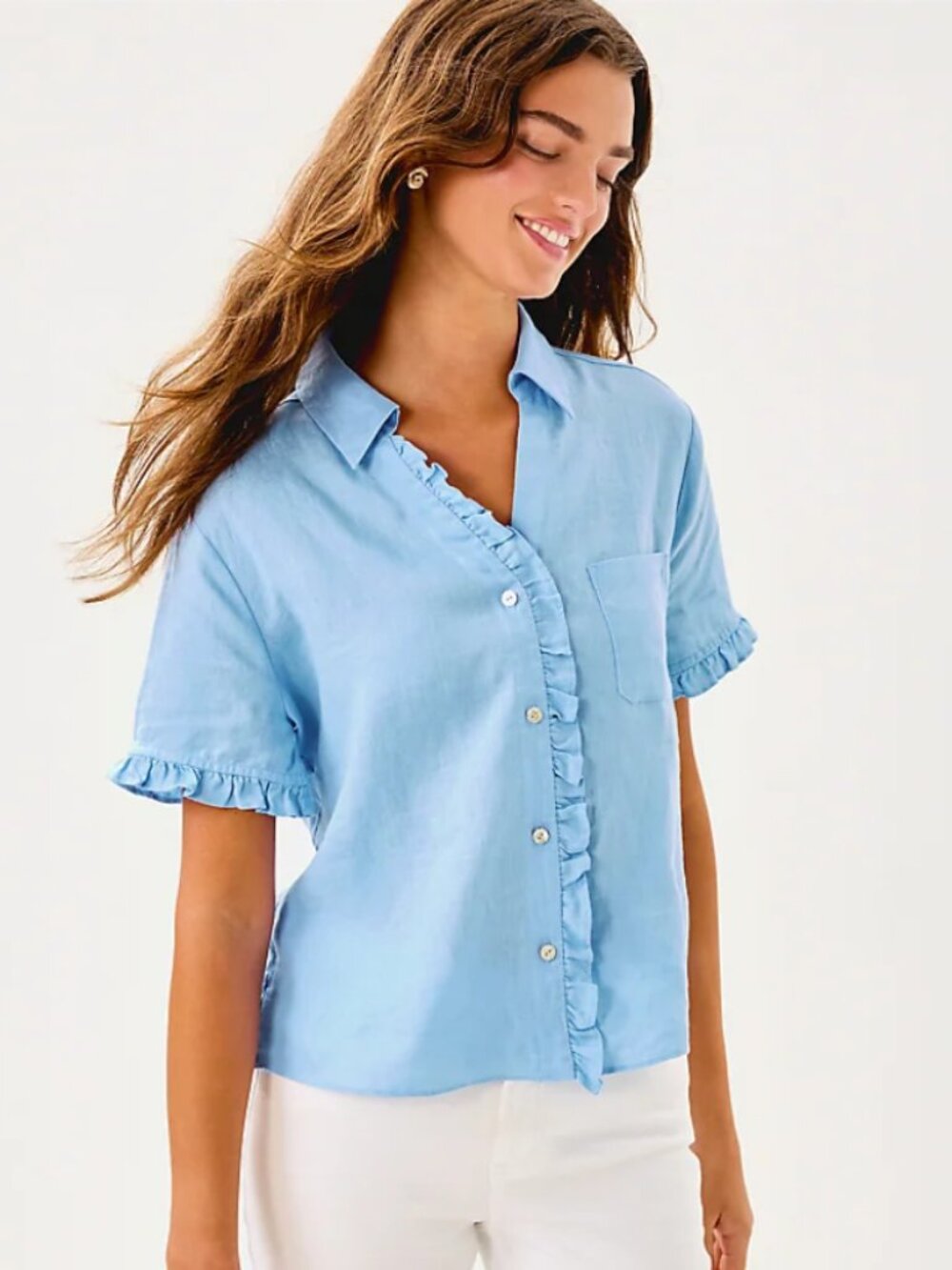 Lilly Pulitzer Carden Short Sleeve Button Front Linen Blue Ruffle Top Blue, M